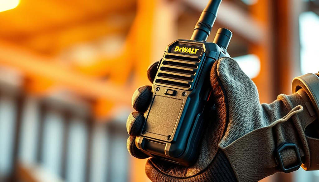 A high-quality, close-up shot of a DEWALT walkie talkie being used in a real-world job site setting. The device is shown in detail, with a focus on its rugged, durable construction and user-friendly features. The image is well-lit, with warm, natural lighting that highlights the walkie talkie's sleek, industrial design. The background is slightly blurred, drawing the viewer's attention to the walkie talkie itself, which is held in a worker's gloved hand, suggesting its practical, hands-on application. The overall atmosphere conveys a sense of reliability, efficiency, and the tough, hardworking environment of a construction or industrial workplace.