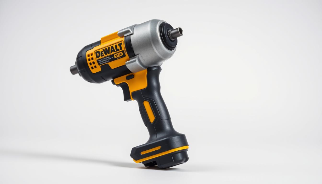 A high-quality, close-up shot of a DeWalt 1/2" impact wrench, showcasing its durable and well-engineered design. The wrench is positioned on a clean, neutral background, allowing the materials and construction to take center stage. Crisp lighting from the side highlights the smooth, industrial-grade metal housing, as well as the intricate internal components visible through strategically placed cutouts. The overall composition emphasizes the wrench's robust build quality, power, and attention to detail, capturing the essence of the "Design and Build Quality" section of the article.