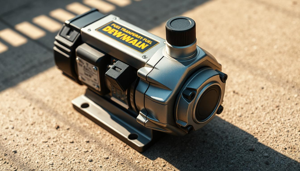 A high-quality, close-up shot of a sleek, silver-and-black DEWALT FUEL transfer pump with a rugged, industrial design. The pump is situated on a textured concrete surface, casting long shadows that add depth and dimension. Soft, directional lighting illuminates the pump's intricate details, such as its sturdy metal casing, adjustable flow control knob, and heavy-duty hose connector. The image conveys a sense of power, reliability, and precision - the perfect tool for tackling demanding, heavy-duty fluid transfer tasks.