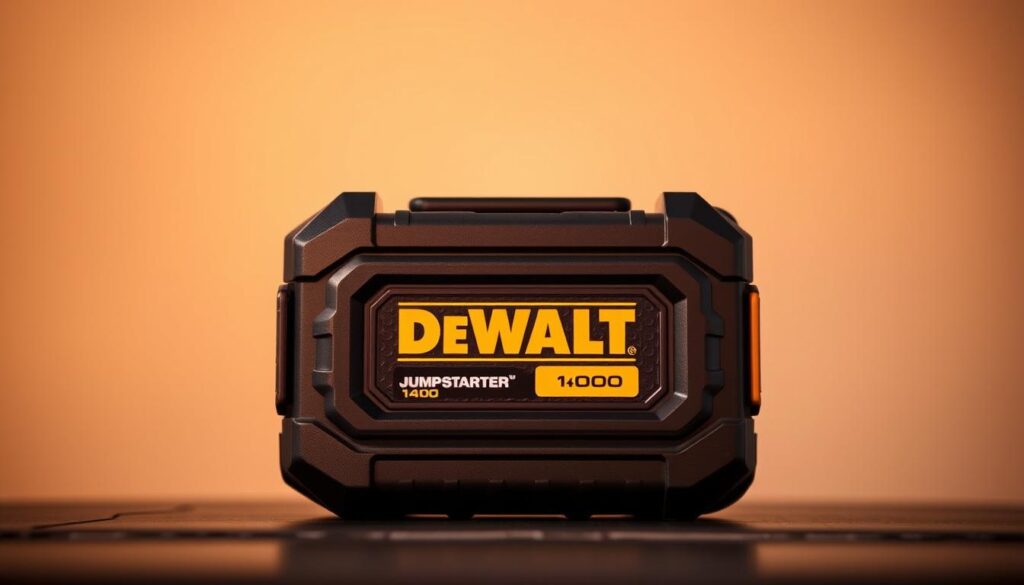 A high-quality, close-up shot of the DEWALT Jump Starter 1400 battery, illuminated by warm, natural lighting. The battery is centered in the frame, showcasing its sturdy, rugged design and prominent DEWALT branding. The background is clean and uncluttered, allowing the battery to be the focal point. The image captures the battery's impressive capacity and charging capabilities, conveying a sense of power and reliability that aligns with the product's reputation. The lighting and composition create a professional, technical aesthetic suitable for an article highlighting the jump starter's battery performance.