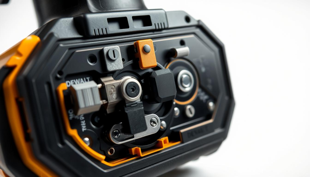 A high-quality, close-up view of the internal mechanism of a DEWALT FLEXVOLT battery, showcasing the voltage switching mechanism in vivid detail. The image should be captured with a professional-grade camera lens, providing a crisp, well-lit, and meticulously detailed representation of the intricate components and engineering involved. The foreground should prominently feature the voltage switching mechanism, with its various gears, switches, and electrical contacts clearly visible. The middle ground should include the battery casing and surrounding internal structure, while the background should maintain a clean, neutral backdrop to allow the primary subject to be the focus of attention. The overall mood should be one of technical precision and engineering excellence, reflecting the advanced capabilities of the DEWALT FLEXVOLT battery technology.