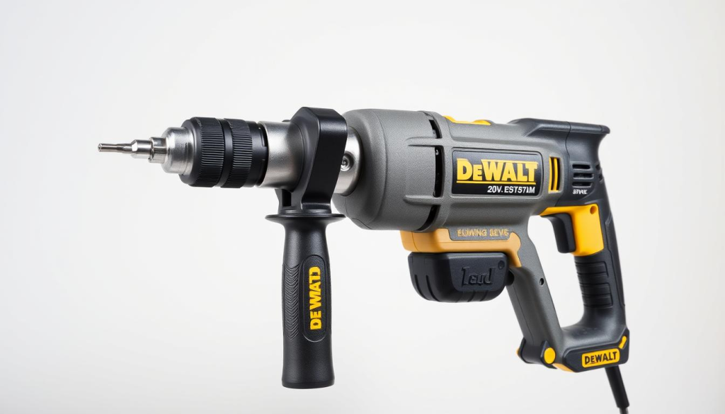 A high-quality, closeup photograph of a DeWalt 20V cordless hammer drill in a clean, well-lit studio setting. The drill is prominently displayed in the center of the frame, with a crisp, detailed view of its textured grey casing, sturdy metal chuck, and bright yellow accents. The lighting is soft and diffuse, creating dimensional shadows that emphasize the drill's robust construction. The background is clean and uncluttered, with a simple white or light grey backdrop that allows the tool to be the sole focus. The image conveys a sense of power, reliability, and professionalism, suitable for showcasing customer reviews of this high-performance power tool.