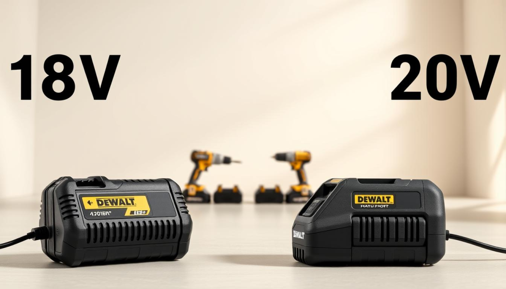 A high-quality comparison image of a DEWALT 18V to 20V power adapter, showcasing its performance. The foreground features the two adapters side-by-side, with detailed textures and materials. The middle ground displays battery-powered tools running under the adapters, highlighting their respective power outputs. The background is a clean, neutral environment with soft, directional lighting, casting subtle shadows to accentuate the forms. The overall mood is professional, technical, and informative, inviting the viewer to assess the performance difference between the 18V and 20V adapters.