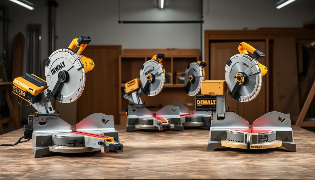 A high-quality comparison of the Dewalt DWS780 miter saw with its top competitors, showcased in a clean, technical-yet-visually-appealing layout. The foreground features the DWS780 from multiple angles, highlighting its robust construction and precise blade alignment. In the middle ground, similar miter saws from leading brands are displayed side-by-side, allowing for easy comparison of key specifications and features. The background depicts a well-lit workshop setting, with subtle shadows and reflections to convey a sense of depth and professionalism. The overall mood is one of objective evaluation, inviting the viewer to assess the capabilities of these power tools through a detailed, visually striking presentation.