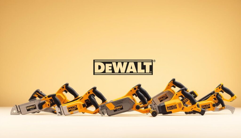 A high-quality, crisp image of an assortment of DEWALT hand saws in a clean, well-lit studio setting. In the foreground, a variety of DEWALT hand saws are neatly displayed, showcasing their distinctive designs, blade sizes, and ergonomic handles. In the middle ground, a DEWALT logo is prominently featured, highlighting the brand's reputation for durability and reliability. The background is a plain, neutral-colored surface, allowing the saws to take center stage. The lighting is soft and diffused, accentuating the sheen of the metal blades and the textured grip of the handles. The overall composition is balanced, highlighting the key features of the DEWALT hand saws in a visually appealing and informative manner.