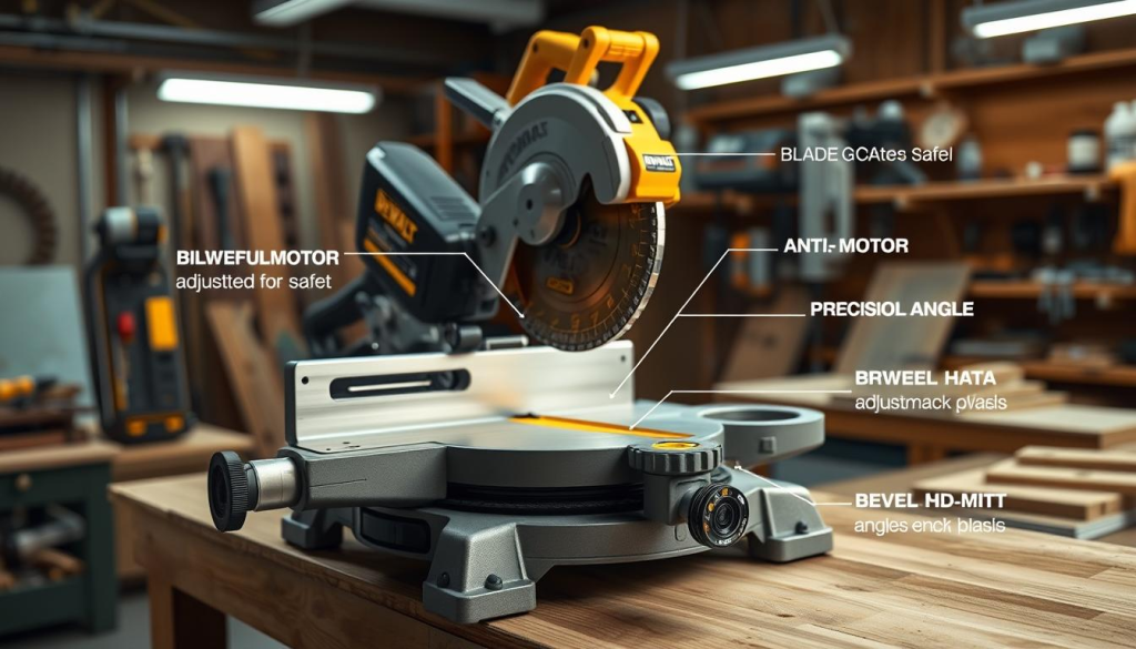 A high-quality, detailed 3D render of a Dewalt 12-inch miter saw showcasing its safety features. The saw is placed on a wooden workbench in a well-lit workshop setting. The foreground focuses on the miter saw's key safety elements, such as the blade guard, anti-kickback pawls, and bevel and miter angle adjustments. The middle ground reveals the powerful motor and precision blade, while the background depicts the workshop environment with tools, materials, and lighting that enhances the overall professional and technical atmosphere. The image should convey a sense of safety, craftsmanship, and the saw's capabilities for woodworking projects.