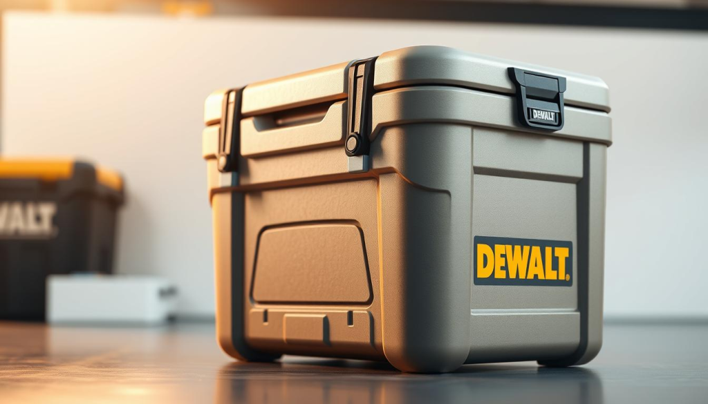 A high-quality, detailed 3D rendering of the DEWALT cooler, showcasing its impressive insulation technology. The cooler is positioned in the foreground, rendered with exquisite attention to texture, material, and finish. The camera angle highlights the sleek, durable design, emphasizing the thick insulation walls and the robust construction. The lighting is soft and natural, creating a warm, inviting atmosphere that accentuates the cooler's premium quality. The background is minimal, allowing the cooler to be the central focus, while hinting at a clean, professional setting suitable for an informative product feature.