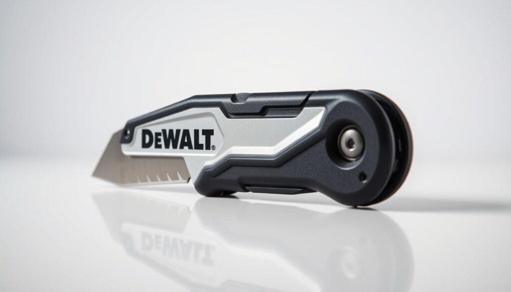 A high-quality, detailed, and photo-realistic image of a DEWALT utility knife, shot in a studio setting with soft, directional lighting from the left side. The knife is placed on a clean, white background, with a slight reflection visible on the surface. The focus is sharp on the knife, highlighting its sleek, professional design with a metallic body and a sturdy, textured grip. The composition emphasizes the knife's key features, such as the retractable blade, the manufacturer's logo, and the overall robust construction, conveying a sense of quality and reliability that aligns with the DEWALT brand.