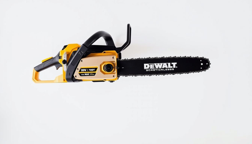 A high-quality, detailed, and photorealistic image of a DeWalt 20V MAX* XR Brushless Cordless 12-Inch Chainsaw against a plain white backdrop. The chainsaw is positioned in the center of the frame, with a clear and sharp focus on the tool itself. The lighting is natural and diffused, highlighting the sleek and modern design of the chainsaw. The metal components have a polished, metallic sheen, and the plastic housing is rendered with a smooth, matte finish. The image captures the power and durability of the tool, showcasing its key technical specifications, such as the 20V battery, brushless motor, and 12-inch Oregon low-kickback bar and chain.