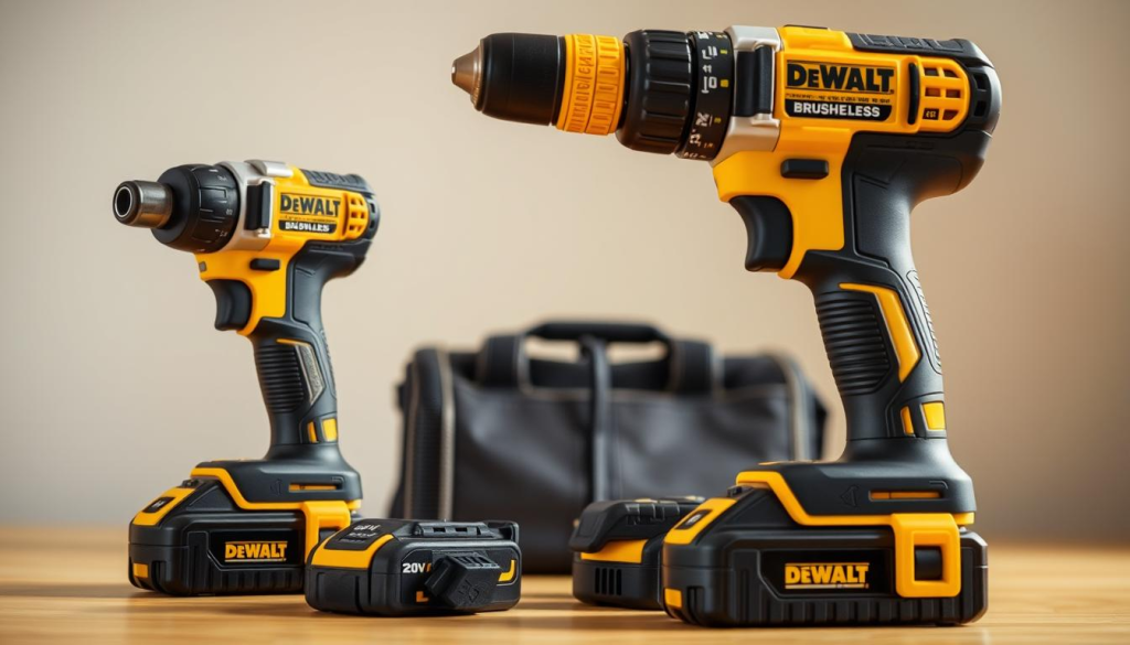 A high-quality, detailed, and well-lit image of a DEWALT 20V cordless drill set. The drill and accessories are prominently displayed in the foreground, showcasing the sleek black and yellow color scheme, brushless motor, and battery pack. The background is a clean, neutral environment that allows the drill to take center stage. The lighting is soft and natural, highlighting the textures and materials of the drill and creating a sense of depth and dimension. The overall composition is balanced and visually appealing, emphasizing the power, precision, and versatility of the DEWALT 20V drill set.