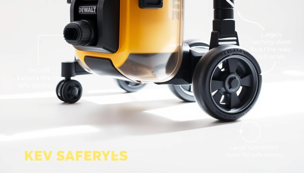 A high-quality, detailed close-up photograph of a DEWALT wet/dry vacuum featuring its key safety features. The vacuum is displayed on a plain white background, illuminated by soft, natural lighting. The foreground showcases the vacuum's sturdy construction, with a focus on the easy-to-access on/off switch, the secure latching system, and the large, rubberized wheels for safe maneuvering. The middle ground highlights the vacuum's transparent dust collection tank, allowing users to monitor the fill level. The background subtly accentuates the vacuum's sleek, modern design with its distinctive DEWALT yellow and black color scheme.