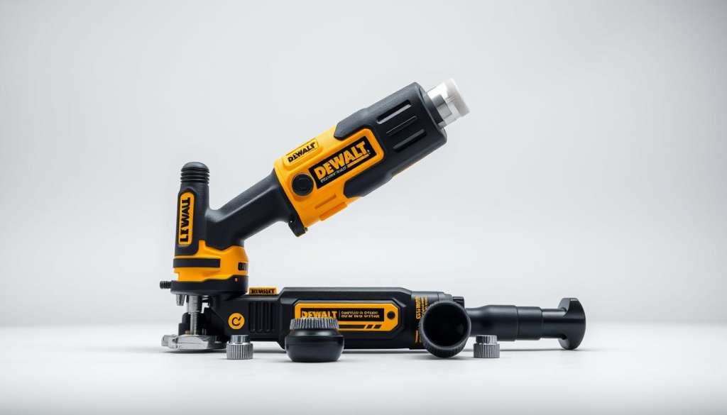 A high-quality, detailed close-up shot of the DEWALT XR multi-tool, showcasing its key specifications and performance features. The tool is positioned prominently in the center, with a crisp, well-lit, and evenly-lit frame. The background is a clean, neutral studio setup, allowing the multi-tool to be the sole focus. The lighting is soft and diffused, emphasizing the textures and materials of the tool. The camera angle is slightly elevated to provide a clear, unobstructed view of the multi-tool's controls, attachments, and overall design. The image conveys a sense of precision, power, and versatility, reflecting the high-performance capabilities of the DEWALT XR multi-tool.