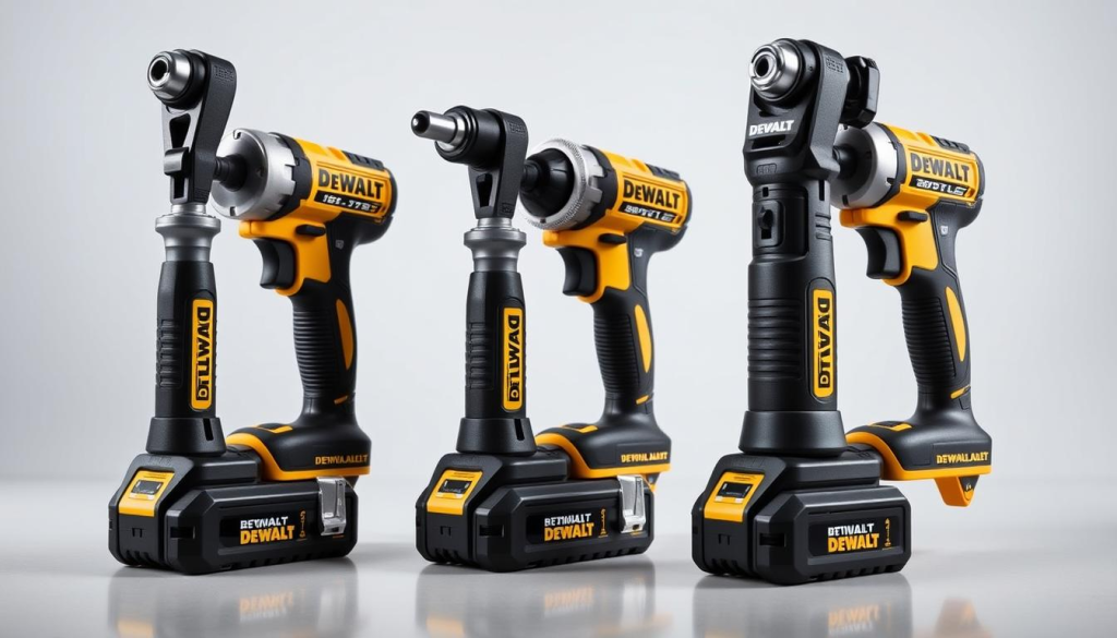 A high-quality, detailed comparison of DEWALT cordless ratchets from multiple angles, showcasing their features and design elements against a clean, professional backdrop. The ratchets are meticulously displayed, highlighting their construction, grip, and power controls. Soft, directional lighting emphasizes the tools' sleek lines and metallic finishes. The composition balances close-up shots with wider views to provide a comprehensive visual overview. An overall sense of precision, performance, and DEWALT's engineering expertise is conveyed through the careful arrangement and lighting of the scene.