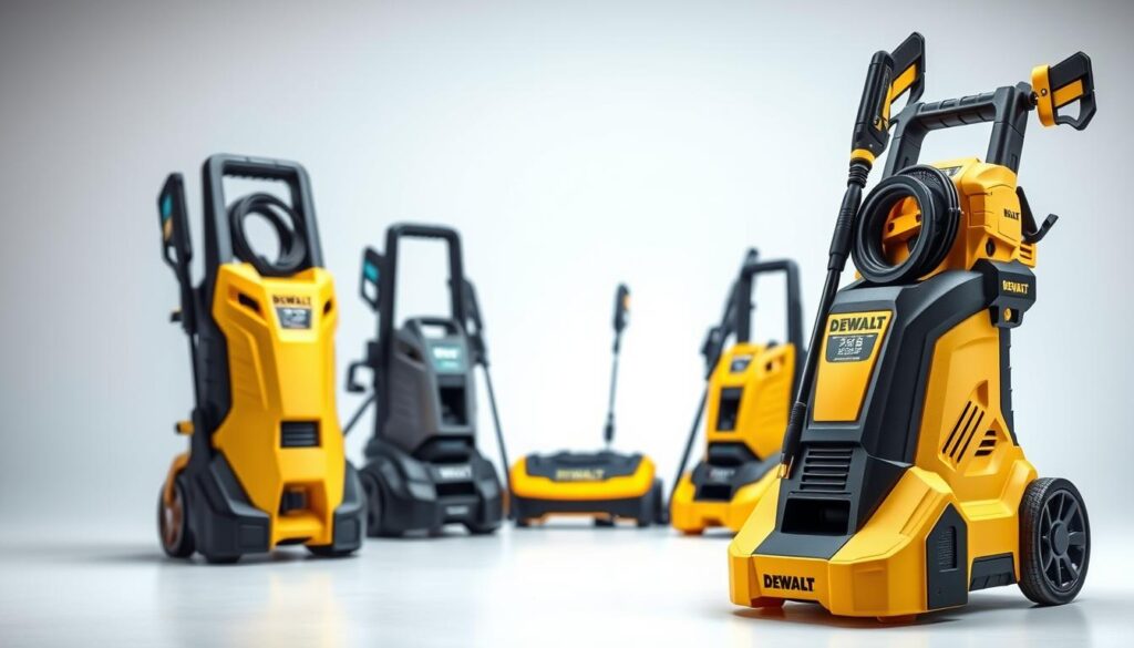 A high-quality, detailed comparison of a DEWALT cordless pressure washer alongside its top competitors, showcased in a sleek, well-lit studio setting. The DEWALT model is prominently displayed in the foreground, with its distinctive yellow and black color scheme, robust build, and advanced features clearly visible. The competing models are arranged neatly in the middle ground, allowing for a side-by-side evaluation of their designs, control panels, and key specifications. The background features a clean, minimalist backdrop, emphasizing the products and inviting the viewer to focus on the technical details and performance attributes that set the DEWALT pressure washer apart from the competition.