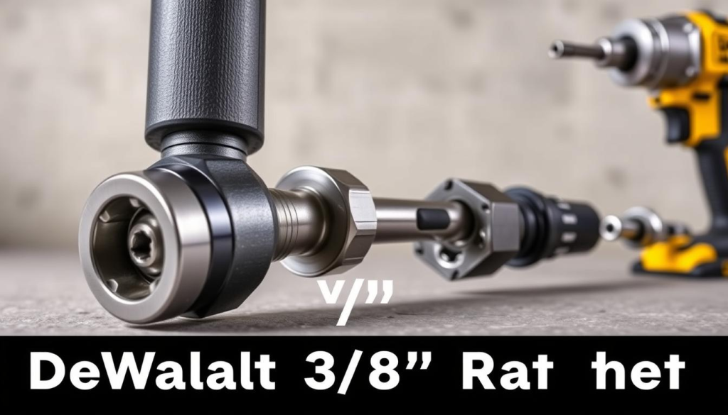 A high-quality, detailed comparison of a DeWalt 3/8" ratchet against other popular models. The ratchet is showcased from multiple angles, with a focus on its sturdy construction, ergonomic design, and smooth operation. The foreground features a close-up of the ratchet's head, highlighting its durable teeth and precision mechanisms. The middle ground shows the ratchet in use, demonstrating its power and versatility. The background provides context, with a neutral environment that allows the tool to be the central focus. Crisp lighting accentuates the metallic surfaces and gleaming chrome, conveying a sense of quality and craftsmanship. The overall mood is one of professional-grade performance and reliable functionality.