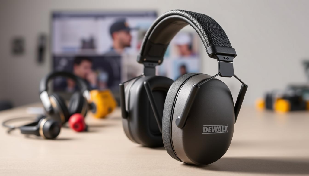 A high-quality, detailed image of DEWALT wireless ear protection. Prominently featured in the foreground, the ear protection device is shown from multiple angles, showcasing its sleek, modern design and durable construction. The device is positioned on a neutral background, allowing it to stand out. Soft, indirect lighting highlights the textured, matte finish and subtle branding elements. The middle ground includes blurred, out-of-focus images of competing earphones, creating a sense of comparison. The background features a clean, minimalist workspace setting, with subtle hints of the article's subject matter. The overall mood is one of professionalism, attention to detail, and a focus on the key features that set DEWALT's wireless ear protection apart from the competition.