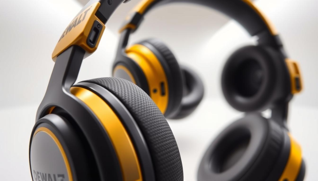A high-quality, detailed image of DEWALT's latest wireless headphones, showcasing their sleek, modern design. The headphones are positioned in the foreground, capturing their full profile with a focus on the bold DEWALT logo and the tactile, rubberized surfaces. The middle ground reveals the headphones' controls and connectivity features, such as the intuitive touch panel and the USB-C charging port. The background features a clean, minimalist setting, with soft, directional lighting illuminating the headphones from the side, creating a sense of depth and three-dimensionality. The overall atmosphere conveys the headphones' durability, performance, and professional appeal, aligning with the "DEWALT Headphones Features" section of the article.
