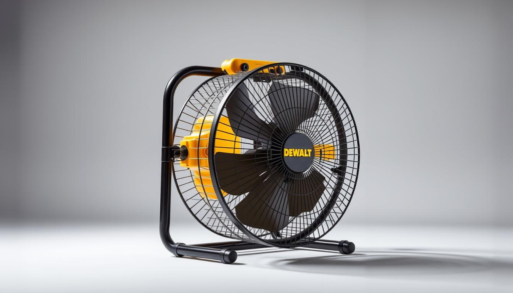 A high-quality, detailed image of a DEWALT 20V cordless fan in a well-lit, professional studio setting. The fan is positioned in the foreground, showcasing its sleek, robust design with a sturdy metal frame and durable plastic housing. The fan blades are visible, capturing the essence of its powerful, yet compact cooling performance. The middle ground features a neutral, seamless backdrop, allowing the fan to be the central focus. Subtle shadows and highlights accentuate the fan's form and texture, conveying a sense of premium build quality. The lighting is soft and diffused, creating a clean, professional atmosphere that complements the DEWALT brand aesthetic.