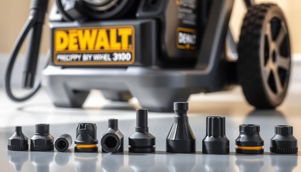 A high-quality, detailed image of a DEWALT 3100 PSI pressure washer nozzle selection, showcasing the various nozzle tips arranged in the foreground on a clean, well-lit surface. The nozzles are presented in a visually appealing, organized manner, highlighting their distinct shapes and sizes. The middle ground features the pressure washer itself, displaying its sturdy, industrial design. The background is softly blurred, creating a sense of focus on the nozzle selection. The lighting is natural and diffused, emphasizing the textures and materials of the components. The overall composition conveys a professional, informative, and technically-oriented atmosphere, suitable for an article on effective pressure washing techniques.