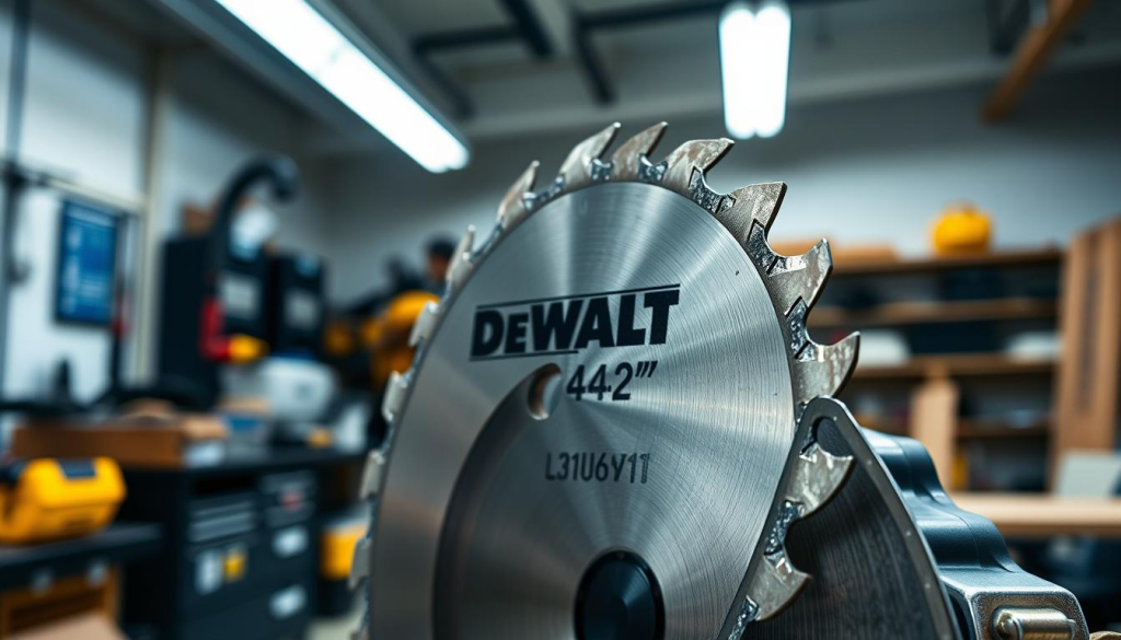A high-quality, detailed image of a DEWALT 4-1/2" circular saw blade in the foreground, with a clean and modern workshop setting in the background. The blade should be sharply in focus, showcasing its precision engineering and durability. The lighting should be bright and evenly distributed, highlighting the blade's metallic finish and the power and reliability of the DEWALT brand. The scene should convey a sense of professional craftsmanship and the tool's suitability for demanding projects.