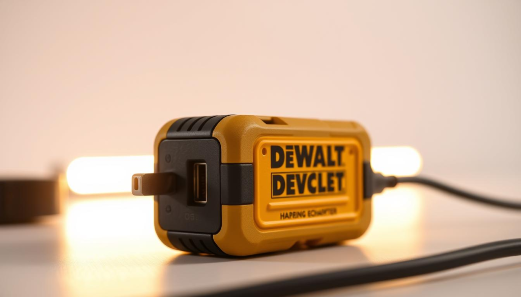 A high-quality, detailed image of a DEWALT USB charging adapter. In the foreground, the adapter is prominently displayed, showcasing its sleek, modern design with the DEWALT logo. The adapter is rendered with precise textures, materials, and proportions, capturing its sturdy, industrial aesthetic. In the middle ground, a soft, warm lighting illuminates the adapter, creating a sense of depth and highlighting its key features. The background is a clean, minimalist setting, allowing the adapter to be the focal point. The overall composition and lighting evoke a professional, technical atmosphere, perfectly suited to illustrate the features of this DEWALT charging solution.