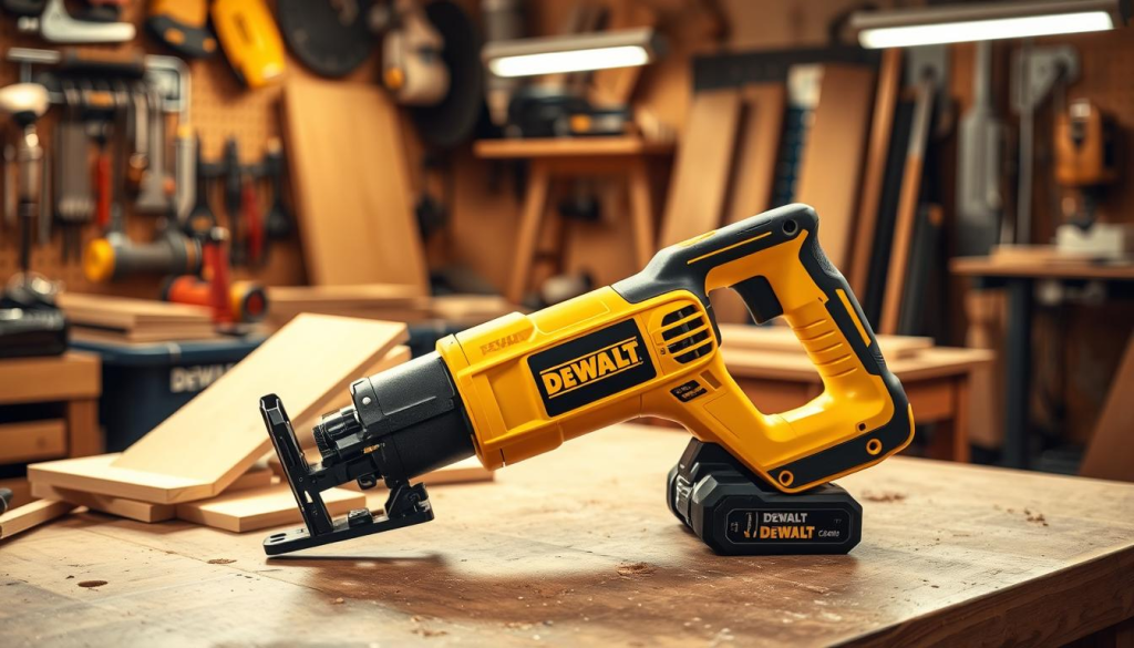 A high-quality, detailed image of a DEWALT cordless reciprocating saw placed on a workbench in a well-lit workshop. The saw should be the central focus, showcasing its sleek, modern design with the DEWALT logo prominently displayed. The background should feature a variety of tools, wood scraps, and other workshop elements, creating a sense of a functional, productive environment. The lighting should be warm and natural, casting subtle shadows that accentuate the saw's form and texture. The camera angle should be slightly elevated, providing a clean, unobstructed view of the tool and its surroundings.