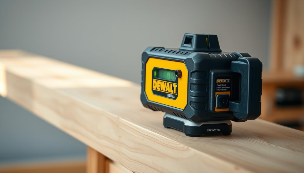 A high-quality, detailed image of a DEWALT digital level resting on a wooden surface, with a clean, well-lit, and professional-looking composition. The level should be centered in the frame, showcasing its sleek design, digital display, and DEWALT branding. The background should be slightly blurred, creating a sense of depth and focus on the main subject. Soft, natural lighting from the side should accentuate the metallic and plastic textures of the level, while casting subtle shadows to add depth and dimension. The overall mood should be one of precision, quality, and functionality, reflecting the professional-grade nature of the DEWALT brand.