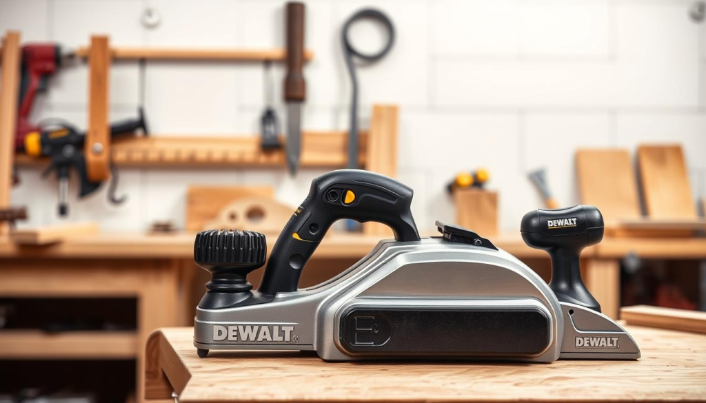 A high-quality, detailed image of a DEWALT hand planer in a well-lit, professional workshop setting. The planer is prominently featured in the foreground, its sleek, metallic body gleaming under the soft, diffused lighting. The middle ground showcases various woodworking tools and materials, suggesting a productive and organized workspace. The background features a clean, minimalist wall, allowing the planer to be the focal point. The image conveys a sense of precision, durability, and the reliable performance that DEWALT tools are known for, perfectly complementing the article's subject and section title.