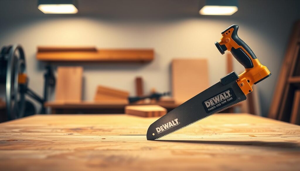 A high-quality, detailed image of a DEWALT hand saw for woodworking. The saw is positioned in the foreground, with a crisp, well-lit appearance showcasing its robust construction and sharp teeth. The middle ground features a warm, softly-lit wooden workbench, highlighting the saw's intended use. The background depicts a clean, minimalist workshop setting with subtle shadows and ambient lighting, creating a professional, well-crafted atmosphere. The overall composition emphasizes the saw's precision, durability, and suitability for fine woodworking tasks.