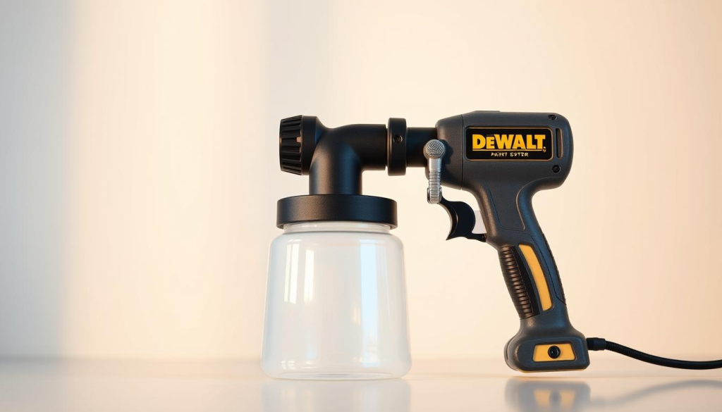 A high-quality, detailed image of a DEWALT handheld paint sprayer set against a clean, well-lit background. The sprayer is prominently displayed in the foreground, showcasing its sleek, modern design with an emphasis on its ergonomic grip and trigger mechanism. The middle ground features a smooth, seamless wall surface, hinting at the sprayer's ability to provide a professional-grade, even paint application. Subtle reflections on the sprayer's surface convey a sense of quality and precision. The lighting is soft and diffused, creating a warm, inviting atmosphere that highlights the sprayer's versatility and suitability for a wide range of painting projects.