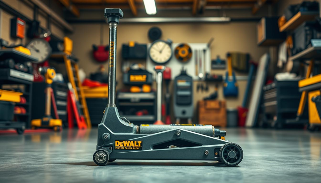 A high-quality, detailed image of a DEWALT hydraulic floor jack in a well-lit, realistic garage setting. The jack is positioned prominently in the foreground, its robust metal frame and heavy-duty hydraulic cylinder clearly visible. The middle ground features various automotive tools and equipment, suggesting a professional workshop environment. The background showcases the garage's warm, inviting lighting, with a subtle reflection of the jack visible on the smooth concrete floor. The overall scene conveys the power, durability, and essential role of the DEWALT floor jack in a modern, well-equipped garage.