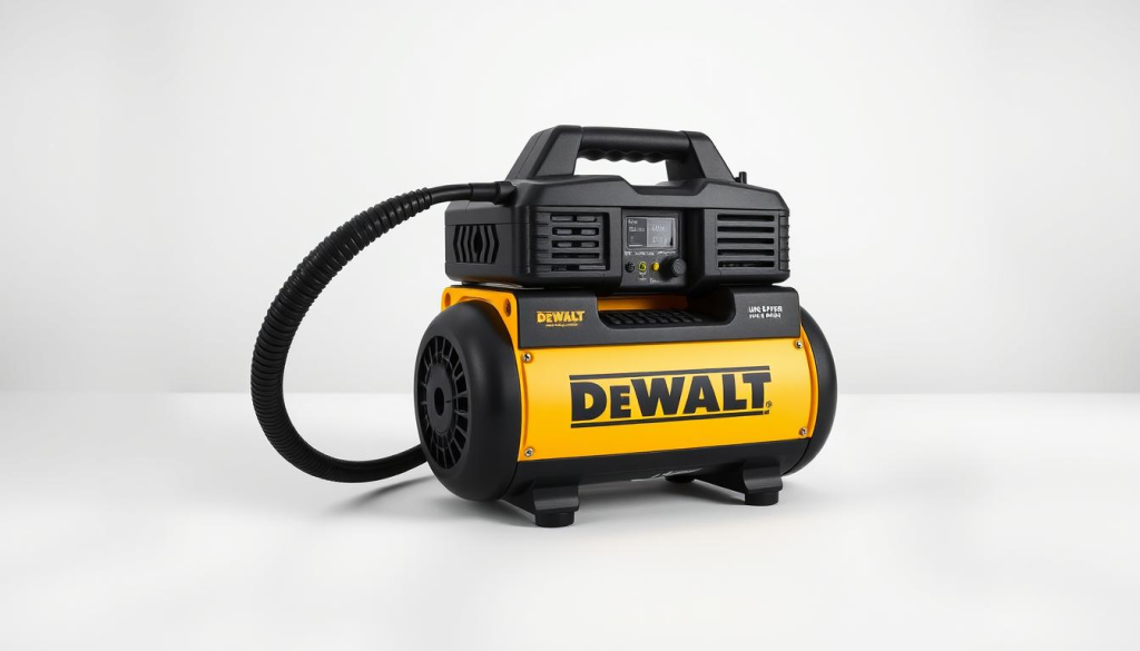 A high-quality, detailed image of a DEWALT jump starter air compressor for sale, photographed in a well-lit studio setting with a clean, neutral background. The compressor is placed in the center of the frame, showcasing its sleek, black and yellow design. The image captures the product's key features, such as the air hose, control panel, and battery compartment, allowing potential customers to clearly see the compressor's functionality and portability. The lighting is soft and even, highlighting the compressor's rugged construction and premium branding. The overall composition and angles provide a professional, informative visual representation of the product.