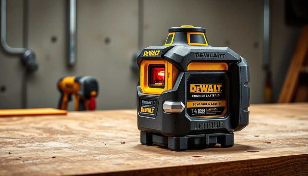 A high-quality, detailed image of a DEWALT laser line tool on a professional-grade workbench, captured with a crisp, well-lit studio setup. The laser line device is prominently featured, showcasing its sleek, rugged design with metallic accents. The image emphasizes the precision and accuracy of the laser beam, clearly visible and sharply defined against a neutral background. The overall composition and lighting create a sense of technical sophistication, highlighting the DEWALT brand's reputation for engineering excellence and reliability.