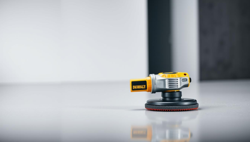 A high-quality, detailed image of a DEWALT orbital polisher. The polisher is the central focus, showcased in the foreground with a clean, well-lit studio setting. It is positioned at a slight angle, highlighting its sleek, modern design. The middle ground includes a smooth, reflective surface, allowing the polisher's mirrored finish to be prominently displayed. The background is slightly blurred, providing a minimalist, professional context. The lighting is soft, yet directional, creating defined shadows and highlights that accentuate the polisher's contours and texture. The overall mood is one of precision, quality, and high-performance.