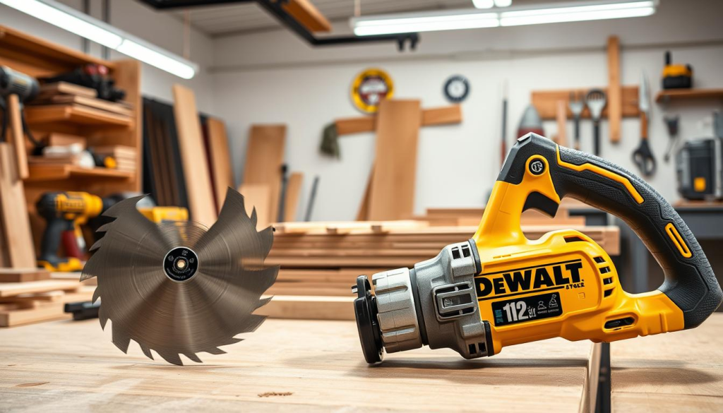 A high-quality, detailed image of a DEWALT oscillating saw attachment. The attachment is prominently displayed in the foreground, showcasing its precise blades and sturdy construction. The middle ground features a variety of workpieces, such as wood, drywall, and metal, highlighting the versatility of the tool. The background is a clean, well-lit workshop environment, with various power tools and workbenches visible. The lighting is soft and directional, casting subtle shadows and highlighting the textures of the materials. The overall composition emphasizes the utility and precision of the DEWALT oscillating saw attachment in a range of home improvement and construction applications.