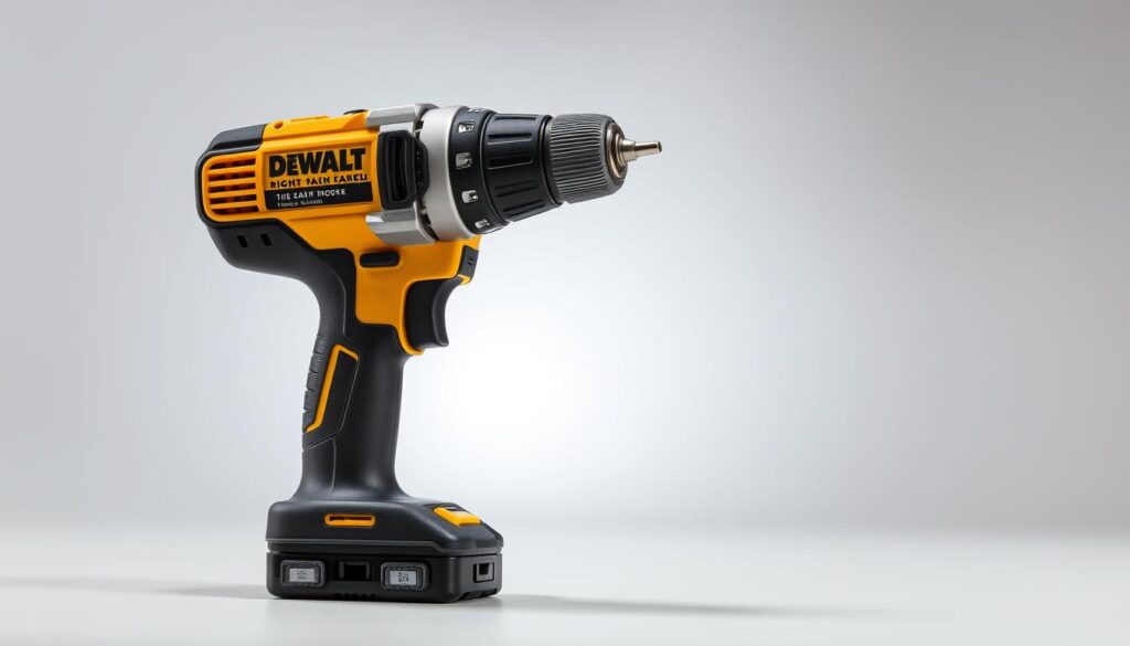 A high-quality, detailed image of a DEWALT right angle drill set against a clean, well-lit studio backdrop. The drill is prominently displayed in the foreground, showcasing its compact, ergonomic design with a focus on the angled head and comfortable grip. The middle ground features a simple, uncluttered surface, allowing the drill to be the central focus. The background is a neutral, diffused lighting setup that casts soft shadows and highlights the drill's metallic accents and overall sturdy construction. The overall mood is one of professionalism, efficiency, and the drill's utility as a compact power solution.