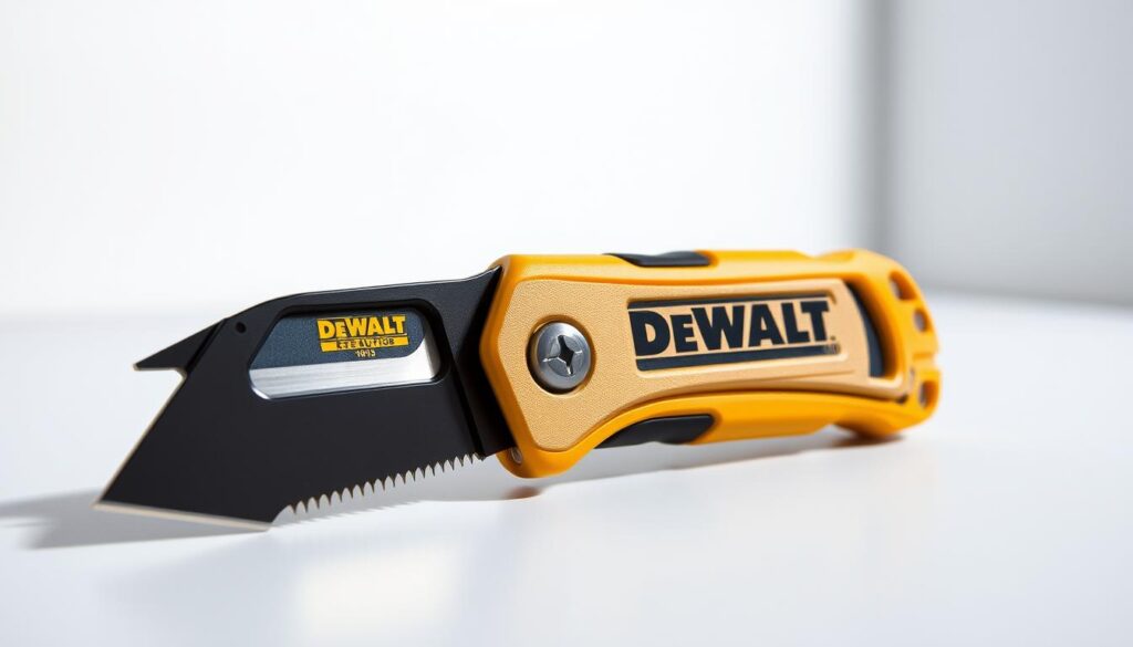 A high-quality, detailed image of a DEWALT utility knife, featuring a sleek and modern design. The knife is positioned in the foreground, with a well-lit, clean, and minimalist background. The image captures the knife's key features, such as the serrated blade, sturdy metal body, and ergonomic grip, showcasing its durability and functionality. The lighting is soft and directional, highlighting the knife's metallic accents and creating a sense of depth and dimension. The overall composition is visually appealing and highlights the DEWALT brand's focus on high-performance tools.
