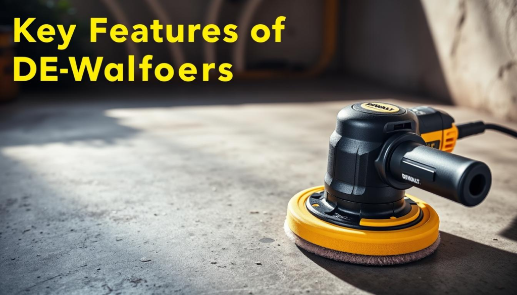 A high-quality, detailed image of a DEWALT variable speed polisher. The polisher is shown in the foreground, its sleek black and yellow design prominently displayed. The middle ground features a textured, concrete-like surface, hinting at a workshop or garage setting. The background is softly blurred, creating a sense of depth and focus on the main subject. Bright, directional lighting casts dramatic shadows, highlighting the polisher's form and controls. The overall scene conveys a professional, high-performance aesthetic aligned with the DEWALT brand and the "Key Features of DEWALT Polishers" section.