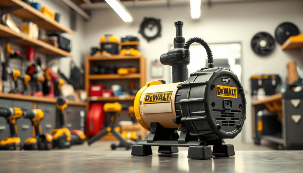 A high-quality, detailed image of a DEWALT water transfer pump in a bright, well-lit workshop setting. The pump is prominently featured in the foreground, showcasing its robust construction, sleek design, and prominent DEWALT branding. The middle ground includes various power tools and accessories, highlighting the pump's compatibility with the DEWALT ecosystem. The background features a clean, organized workshop environment with shelves, workbenches, and other industrial elements. The lighting is natural and evenly distributed, creating a sense of clarity and professionalism. The overall composition emphasizes the pump's key features, durability, and suitability for heavy-duty tasks.