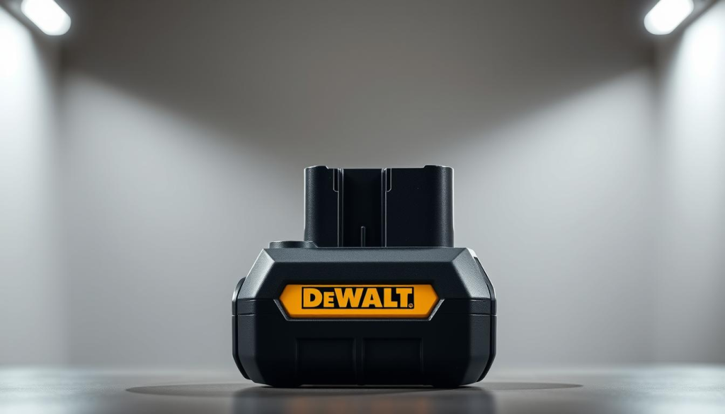 A high-quality, detailed image of a DeWALT USB battery adapter, showcased against a clean, well-lit backdrop. The adapter is positioned prominently in the foreground, its sleek, durable construction and DeWALT branding clearly visible. The middle ground features a subtle, blurred background, allowing the adapter to be the focal point. Soft, directional lighting illuminates the adapter, highlighting its contours and metal accents. The overall mood is one of technical precision and utility, reflecting the adapter's purpose as a versatile power solution for DeWALT power tools.