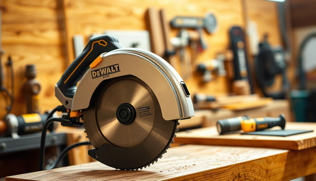 A high-quality, detailed image of a DeWalt 3-inch cut-off saw in a well-lit workshop setting. The saw is prominently displayed in the foreground, its metallic body and bright yellow accents gleaming under warm studio lighting. The background features a wooden workbench and various power tools, conveying a professional, industrial atmosphere. The composition emphasizes the saw's sturdy construction and cutting capabilities, highlighting its versatility for a variety of workshop tasks. The image should convey the power, precision, and reliability of the DeWalt 3-inch cut-off tool.
