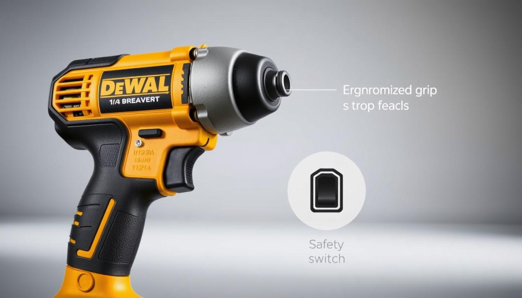 A high-quality, detailed image of a DeWalt 3/4 impact wrench showcasing its safety features. The wrench is prominently displayed in the foreground, with a clean, well-lit studio setting. The image focuses on the tool's ergonomic design, rubberized grip, and safety switch, highlighting the key safety elements that make it suitable for professional use. The background is subtly blurred, allowing the wrench to be the central focus. The lighting is soft and diffused, creating a clean, professional look. The angle is slightly angled to provide a clear view of the wrench's features.