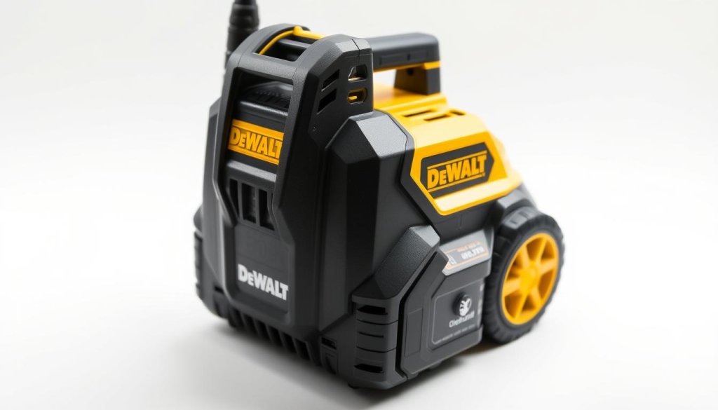 A high-quality, detailed image of a DeWalt 60V cordless pressure washer. The pressure washer is prominently featured in the center of the frame, with a clean white background. The device is shown at a slight angle, allowing the user to clearly see its compact, ergonomic design and the DeWalt branding. Bright, even lighting from the top and sides highlights the washer's sleek black and yellow color scheme, as well as its sturdy, durable construction. The image conveys a sense of power and efficiency, reflecting the key features of this heavy-duty, battery-powered cleaning tool.