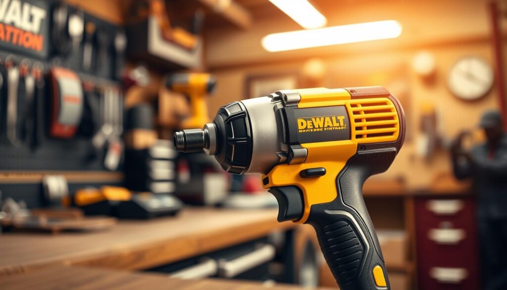 A high-quality, detailed image of a DeWalt impact wrench in a well-lit, professional workshop setting. The impact wrench is the focal point, showcased in the foreground with a sharp, clean focus. The middle ground features a workbench or tool cabinet, providing context. The background is slightly blurred, with hints of additional tools and equipment, creating a sense of depth and a professional, industrial atmosphere. The lighting is warm and natural, accentuating the metallic surfaces and textures of the impact wrench. The angle is slightly elevated, giving the viewer a clear, unobstructed view of the tool's design and features.