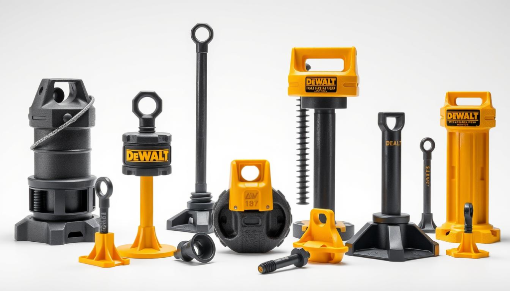 A high-quality, detailed image of a variety of DEWALT anchor products, presented in a clean, well-lit studio setting. The anchors are showcased against a simple white background, allowing them to be the focal point. The image captures the different sizes, shapes, and applications of the anchors, highlighting their versatility and durability. The lighting is soft and even, casting subtle shadows that accentuate the anchors' textures and features. The camera angle is slightly elevated, providing a comprehensive view of the anchor collection. The overall mood is professional, showcasing the reliable and high-performance nature of the DEWALT anchors.
