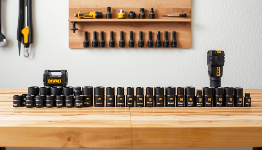 A high-quality, detailed image of an assortment of DEWALT socket sets neatly arranged on a clean, well-lit wooden workbench. The sets are presented in a comparative layout, showcasing their different sizes, drive types, and other distinguishing features. The lighting is soft and diffuse, creating a professional, product-focused atmosphere. The camera angle is slightly elevated, providing a clear, unobstructed view of the tools. The background is minimalist, allowing the socket sets to be the central focus. The overall composition emphasizes the precision, durability, and versatility of the DEWALT brand, making it an informative and visually compelling image for the article.