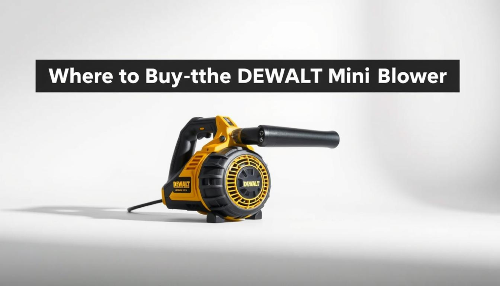A high-quality, detailed image of the DEWALT Mini Blower, showcasing it in a well-lit, studio-style setting. The blower is positioned prominently in the center, captured from a low angle to highlight its compact yet powerful design. The sleek black and yellow color scheme is accentuated, with crisp details and textures clearly visible. The background is a simple, neutral backdrop, allowing the product to be the focus. Soft, directional lighting casts subtle shadows, giving the image a clean, professional look. The overall composition is balanced and visually appealing, suitable for illustrating the "Where to Buy the DEWALT Mini Blower" section of the article.