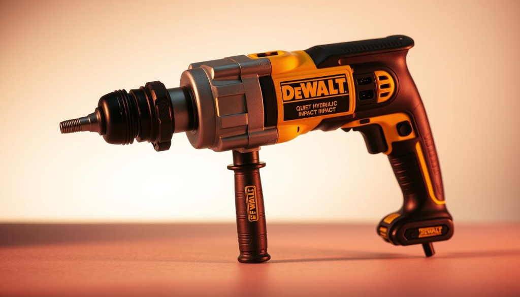 A high-quality, detailed image of the DEWALT Quiet Hydraulic Impact power tool. Showcase the sleek, modern design with a brushed metal finish and prominent DEWALT branding. Capture the tool at a slight angle, highlighting its compact, ergonomic shape and the hydraulic impact mechanism. Bathe the scene in warm, soft lighting that emphasizes the tool's premium quality and quiet operation. Depict the tool in a minimalist, studio-like setting with a plain background, allowing the product to be the sole focus. Convey a sense of power, precision, and noise-reduction technology through the visual composition.