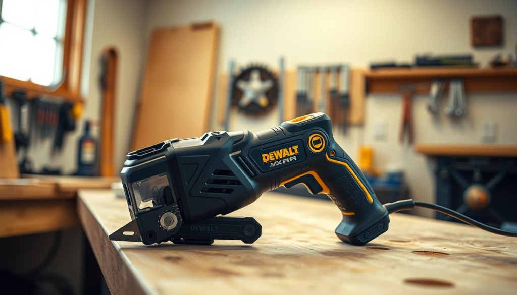 A high-quality, detailed image of the DEWALT XR multi-tool being used in a well-lit, professional workshop setting. The tool is the focal point, positioned on a wooden workbench with a clean, uncluttered background. The lighting is soft and natural, with subtle shadows highlighting the tool's sleek, sturdy design. The composition emphasizes the multi-tool's versatility, showcasing its various attachments and features. The overall mood is one of practicality and efficiency, reflecting the tool's ability to handle a wide range of DIY projects with ease.