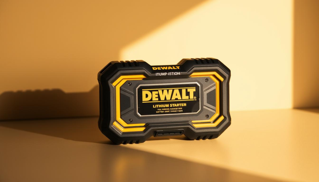 A high-quality, detailed image of the DEWALT lithium-ion jump starter. The device is prominently displayed in the foreground, showcasing its sleek black and yellow design, with the DEWALT logo clearly visible. The jump starter is positioned on a clean, neutral-colored surface, allowing it to stand out. The lighting is warm and natural, creating a subtle shadow that adds depth and dimension to the image. The background is slightly blurred, maintaining focus on the central subject. The overall composition and lighting convey a sense of reliability, power, and professionalism, reflecting the key features and qualities of the DEWALT jump starter.